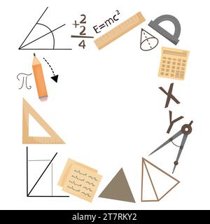 Illustration de retour à l'école. Fournitures mathématiques ensemble de cliparts de cadre, formation de fond, Illustration du laboratoire. sciences, apprendre les mathématiques Banque D'Images