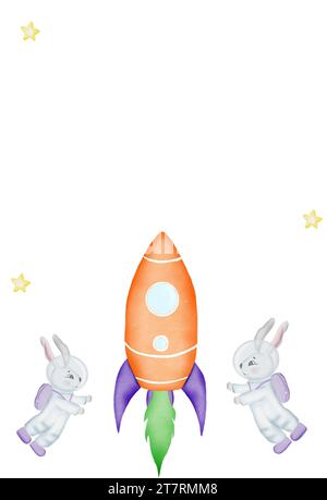 Modèle de carte postale aquarelle mignons lapins astronautes avec des carottes roquettes. Pour la douche de bébé et les cartes d'anniversaire dans le style de l'espace. Banque D'Images