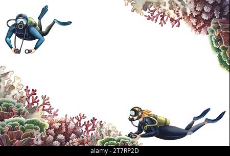 Cadre corail avec plongeur et vie marine. Monde sous-marin. Aquarelle dessinée à la main. Aquarium, tropical, récif. Concept pour l'étiquette, la carte de visite et la bannière, Banque D'Images