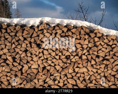 Pile de bois de chauffage haché recouvert de neige dans le stock de préparation d'hiver Banque D'Images