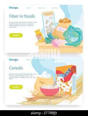 Repas de petit déjeuner sain, bol avec céréales. Légumes et noix, fibres dans les aliments. Modèle de conception de site Web de vecteur. Concept de site Web de la page d'accueil illustrat Illustration de Vecteur