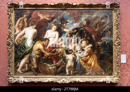 Londres, Royaume-Uni - 19 mai 2023 : Minerva protège Pax de Mars ou de la paix et de la guerre, une peinture de Peter Paul Rubens produite à Londres, exposée à la Nationa Banque D'Images