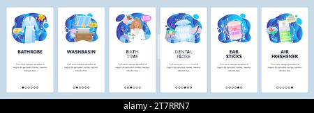 Salle de bain routine matinale, peignoir, fil dentaire, bâtons d'oreille, désodorisant, douche. Écrans d'intégration des applications mobiles. Modèle de bannière de vecteur de menu pour websit Illustration de Vecteur