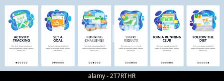 Tracket d'activité sportive et application mobile de fitness, définissez un ged et partagez les résultats. Écrans d'intégration des applications mobiles. Modèle de bannière de vecteur de menu pour le site Web et Illustration de Vecteur