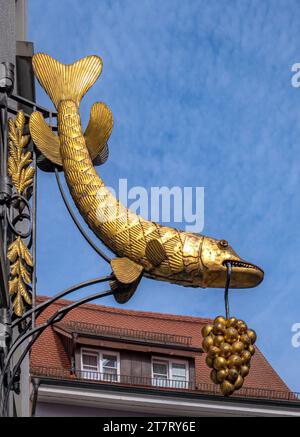 Poisson doré avec raisins, panneau suspendu, panneau pub à Überlingen sur le lac de Constance, Bade-Württemberg, Allemagne, Europe Banque D'Images