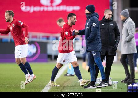 Oslo, Norvège. 16 novembre 2023. Aron Donnum (20 ans) de Norvège vu lors du match amical entre la Norvège et les îles Féroé à Ullevaal Stadion à Oslo. (Crédit photo : Gonzales photo/Alamy Live News Banque D'Images