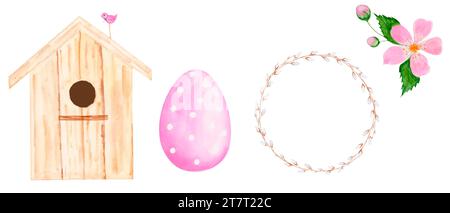 Aquarelle ensemble de Pâques de nichoir, couronne de saule, oeuf et fleur. Dessins mignons dans des couleurs pastel pour concevoir des cartes et des bannières Banque D'Images