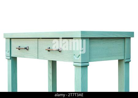 Table de service en bois avec tiroirs et étagères de frêne massif et peinture émaillée verte isolée sur fond blanc closeup Banque D'Images