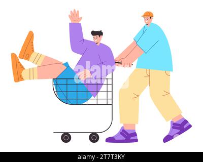 Les amis poussent dans la joie de tour de chariot ont du plaisir dans les achats de supermarché portant l'illustration de dessin animé de mode jeune occasionnel Illustration de Vecteur