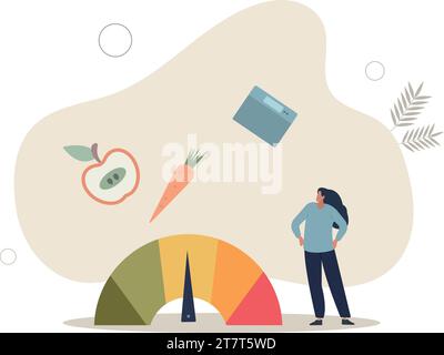 Femme et obèse graphique Scales.Cartoon personne sur le régime essayant le contrôle du poids avec BMI.Flat illustration vectorielle. Illustration de Vecteur