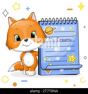 Un renard de dessin animé mignon avec un cahier bleu avec des autocollants. Illustration vectorielle d'un animal sur fond blanc avec des étoiles, des cercles. Illustration de Vecteur
