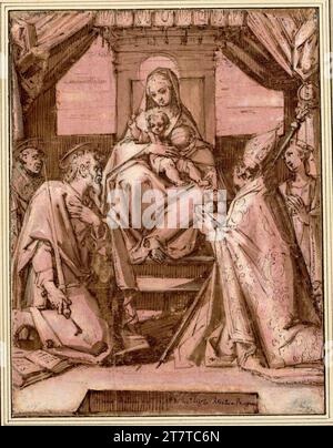 Mario Balassi Sacra Conversazione. (La Madone est assise sous un auvent sur un trône ; l'enfant de Jésus garde le globe à gauche, ses droits levés ; à droite, Saint Nicholas et Agnès, à gauche Paul et Bernardino). Plume ; lavée ; blanc et jaune ; papier apprêté rose Banque D'Images