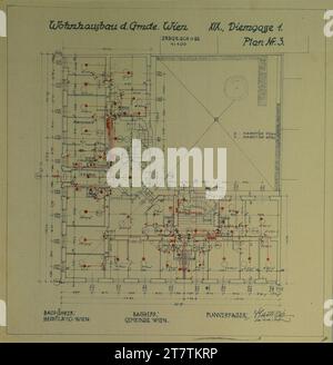 Alfred Castelliz Vienna-Döbling, Haus Diemgasse 1, immeuble résidentiel de la commune de Vienne, plan rez-de-chaussée, dessin des installations de la maison. Papier, ferme ; copie avec entrées au printemps (rouge) et crayon de couleur (rouge, bleu) vers 1928 Banque D'Images