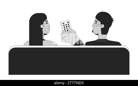 Couple arabe regardant la télévision en noir et blanc des personnages de dessins animés de ligne 2D. Illustration de Vecteur