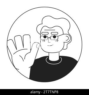 Homme caucasien âgé agitant la main saluant l'illustration d'avatar vectoriel 2D noir et blanc Illustration de Vecteur