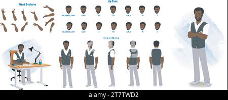 Professeur africain / américain, professeur fiche modèle. Ensemble de création enseignant. Feuille de rotation de l'enseignant, gestes de la main, synchronisation des lèvres Illustration de Vecteur