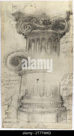 Francesco Borromini (Zeichner in) Rome, Collegio di Propaganda FIDE , esquisses d'un pilier avec un chapitre ionique. Papier, fin ; croquis en graphite ; dessin et étiquetage en graphite Banque D'Images