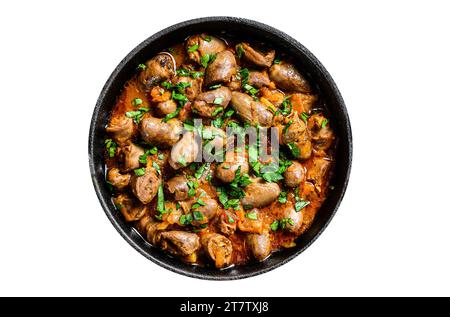 Ragoût avec des coeurs de poulet et des légumes avec du persil frais. Isoler, fond blanc Banque D'Images