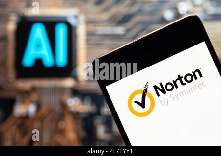 Chine. 03 novembre 2023. Sur cette photo, le logiciel de cybersécurité et anti-virus malveillant développé par Symantec Corporation, Norton anti-virus, logo visible sur un smartphone avec une puce d’intelligence artificielle (IA) et un symbole en arrière-plan. (Photo de Budrul Chukrut/SOPA Images/Sipa USA) *** strictement à des fins éditoriales *** crédit : SIPA USA/Alamy Live News Banque D'Images