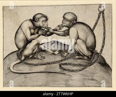 Israhel van Meckenem deux singes sont assis sur un monticule l'un de l'autre en face de l'autre. Gravure sur cuivre letztes Drittel des 15. Centurys Banque D'Images