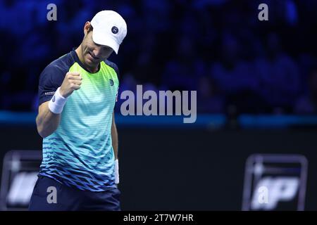 Turin, Italie. 17 novembre 2023. Matthew Ebden d’Australie célèbre à la fin du match de double Round Robin entre Wesley Koolhof de Hollande et Neal Skupski de Grande-Bretagne contre Rohan Bopanna d’Inde et Matthew Ebden d’Australie lors de la sixième journée de la finale du Nitto ATP World Tour. Crédit : Marco Canoniero/Alamy Live News Banque D'Images