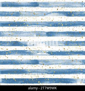 Motif sans couture à rayures aquarelles. Rayures bleues et blanches et fond de flocons de neige à pois dorés. Texture rayée dessinée à la main à l'aquarelle. Imprimer Banque D'Images