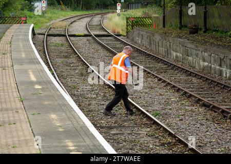 Entretien ferroviaire en cours : un travailleur ferroviaire revêtu de haute visibilité orange effectue avec diligence l'entretien de la voie, assurant le bon fonctionnement du rail Banque D'Images