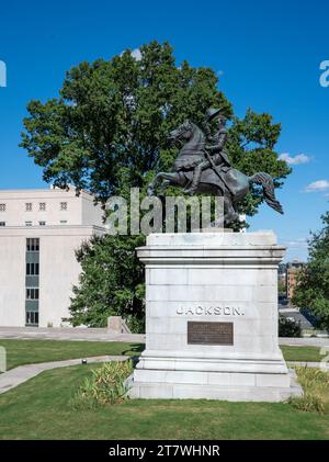 Sculpture du président Andrew Jackson à cheval sur le terrain du Capitole de l'État à Nashville, Tennessee Banque D'Images