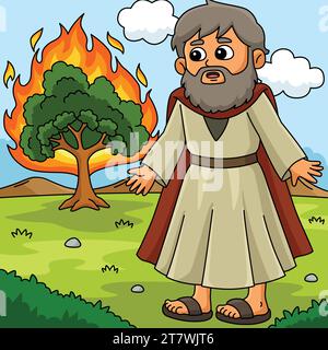 Christian Moses et Burning Bush Colored Cartoon Illustration de Vecteur