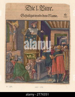 Le catéchisme de Hans Broramer Luther : un prédicateur à la chaire (la prière du Seigneur). Gravure sur bois, couleur 1553 ? , 1553 ? Banque D'Images