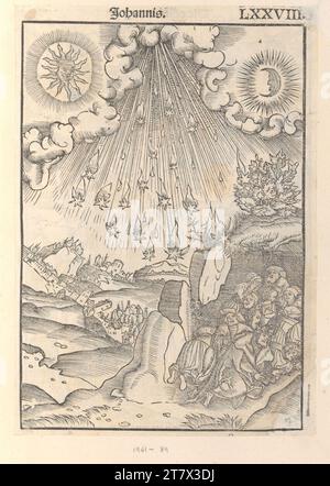 Lucas Cranach d. Ä. Nouveau Testament (Luther-Bible) : ouverture du sixième sceau, tremblement de terre, bronzage. Et éclipse lunaire, pluie d'étoiles (révélation de Jean 6, 12-17). Gravure sur bois et empreinte typographique 1522, 1522 Banque D'Images