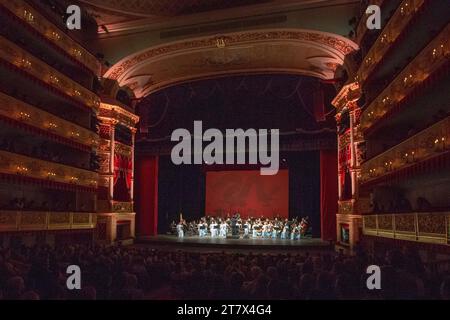 St. Petersburg, Russie. 16 novembre 2023. Des artistes chinois interprètent de la musique orchestrale folklorique dans le cadre du Festival culturel chinois en Russie, au Théâtre Alexander de St. Petersburg, Russie, 16 novembre 2023. Les artistes de la troupe de musique folklorique de l'opéra national de Chine et du théâtre dramatique de danse ont apporté un festin de musique orchestrale folklorique chinoise au public au théâtre Alexander jeudi, démontrant un haut niveau de virtuosité et de superbes compétences. Crédit : Irina Motina/Xinhua/Alamy Live News Banque D'Images