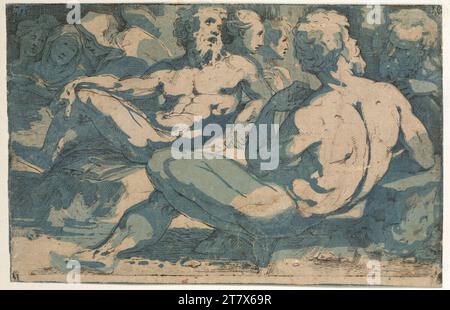 Domenico Beccafumi gen. Mecarino Groupe d'hommes et de femmes. Gravure sur cuivre et deux panneaux sonores (bleu clair et bleu) vers 1545-1547 Banque D'Images
