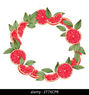 Couronne ronde de pamplemousse.cadre de fruit fait de tranches de fruits mûrs avec des feuilles.alimentation saine botanique.marqueur et illustration aquarelle.Design pour la nourriture pa Banque D'Images