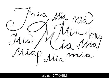 Prénom féminin Mia écrit dans des scripts différents. Lettrage manuscrit calligraphie Nom de fille. Art vectoriel Illustration de Vecteur