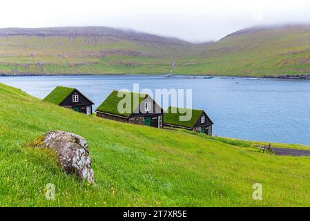 Maisons avec toits de gazon, village de Bour, île de Vagar, îles Féroé, Danemark, Europe Banque D'Images