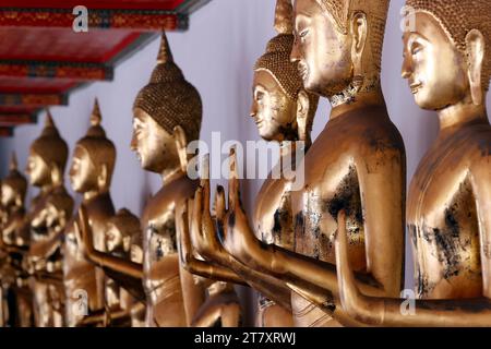 Rangée de statues dorées de Bouddha, méditation, Wat Pho (Temple du Bouddha couché), Bangkok, Thaïlande, Asie du Sud-est, Asie Banque D'Images