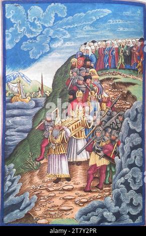 Georg Lemberger Old Will (Luther Bible) : le train à travers le Jourdain (Josua 3). Gravure sur bois, colorée 1524, 1524 Banque D'Images