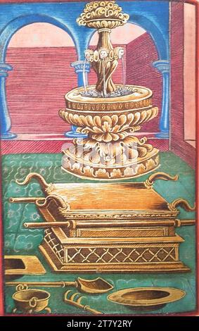Georg Lemberger Old Will (Luther-Bible) : autel de la victime du feu, dispositif pour la victime du feu et barrière de main éhontée (2e Moïse 27, 1-8). Gravure sur bois, colorée 1524, 1524 Banque D'Images