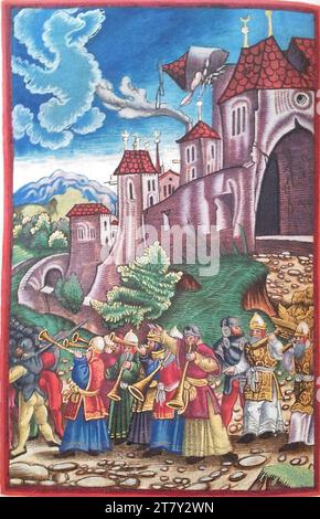 Georg Lemberger Old Will (Luther Bible) : la conquête et la destruction de Jerichos (Josua 6). Gravure sur bois, colorée 1524, 1524 Banque D'Images