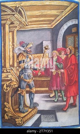 Georg Lemberger Old Will (Luther-Bible) : Josua devant le peuple principal (Josua 1). Gravure sur bois, colorée 1524, 1524 Banque D'Images