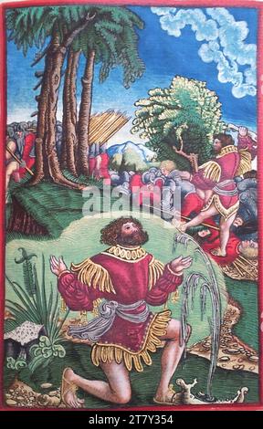 Georg Lemberger Old Will (Luther-Bible) : Simson bat mille hommes, le miracle source (juge 15, 15-19). Gravure sur bois, colorée 1524, 1524 Banque D'Images