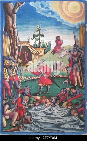Georg Lemberger Old Will (Luther Bible) : le miracle de la fourrure, échantillon d'eau Gideons (Richter 6, 36-40, 7, 4-7). Gravure sur bois, colorée 1524, 1524 Banque D'Images