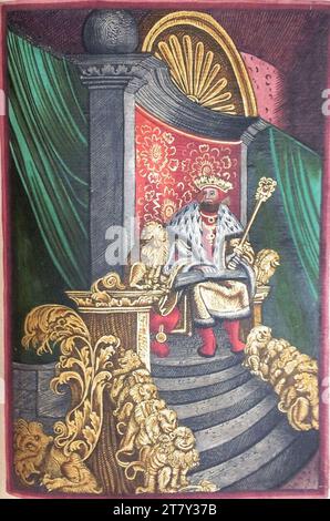 Georg Lemberger Old Will (Luther Bible) : le trône Salomon (1e rois 10, 18-20). Gravure sur bois, colorée 1524, 1524 Banque D'Images