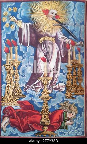Georg Lemberger Nouveau Testament (Luther-Bible) : les sept chandeliers (Apocalypse de Jean 1, 12-17). Gravure sur bois, colorée 1524, 1524 Banque D'Images