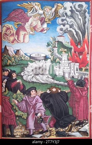 Georg Lemberger Nouveau Testament (Luther Bible) : la Babylone détruite (Apocalypse de Jean 18). Gravure sur bois, colorée 1524, 1524 Banque D'Images