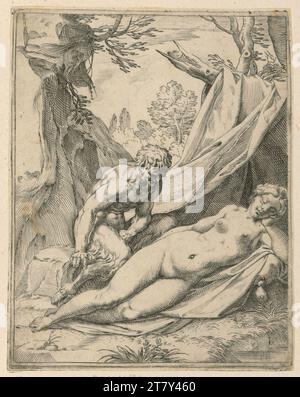 Agostino Carracci de la série 'Lascivie' Satyr et Nymph. Gravure sur cuivre 1585-1600, 1585/1600 Banque D'Images