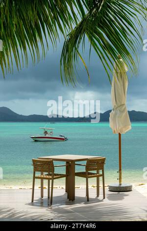 Table vide et parasol sous un palmier sur une plage, île de Praslin, petit déjeuner ou déjeuner dans un restaurant en bord de mer avec vue, Seychelles Banque D'Images