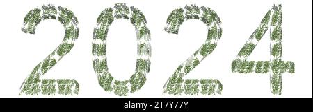 Concept ou conceptuel 2024 année en police motif sapin vert isolé sur fond blanc. Une illustration abstraite en 3D comme métaphore de l'avenir Banque D'Images