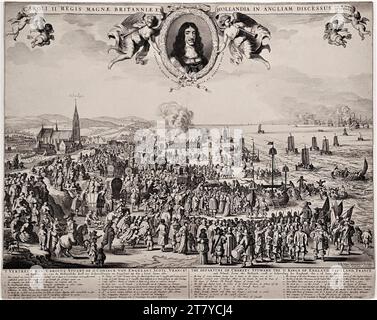 Pieter Hendricksz Schut (graveur) départ du roi Charles II d'Angleterre des pays-Bas (côte près de Scheveningen) pour l'Angleterre en 1660. Gravure et gravure sur cuivre sur papier 1660, 1660 Banque D'Images